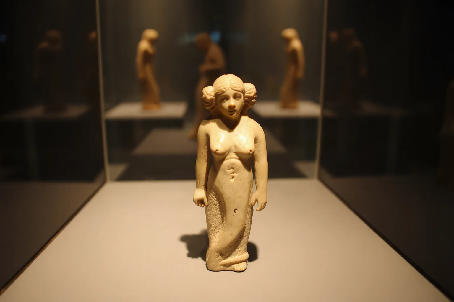 Small carved limestone female figurine typical of Upper Paleolithic 'Venus' figurines, museum lighting