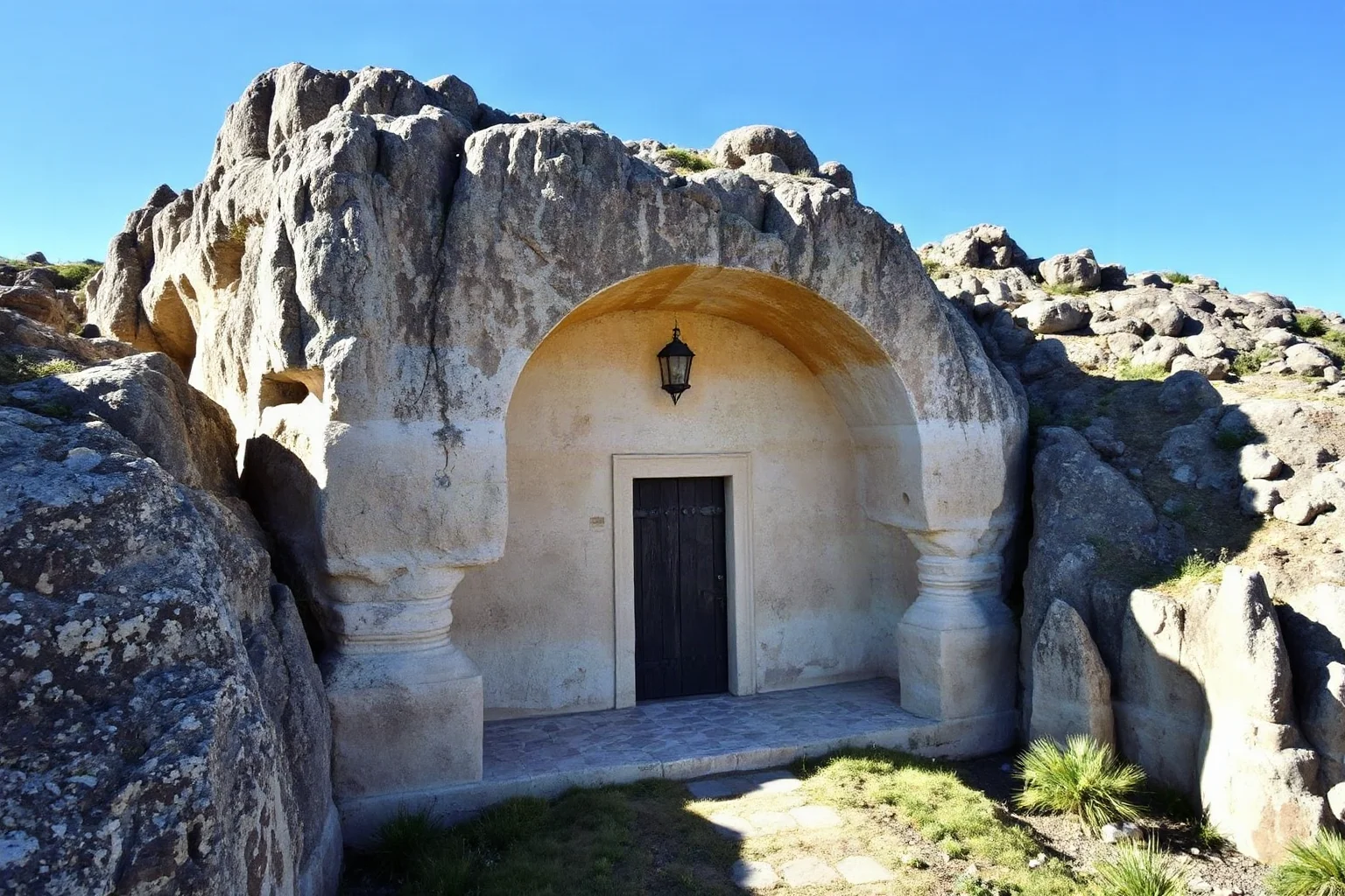 Small chapel entrance carved directly into pale volcanic rock formations, painted frescoes visible inside, sunny valley
