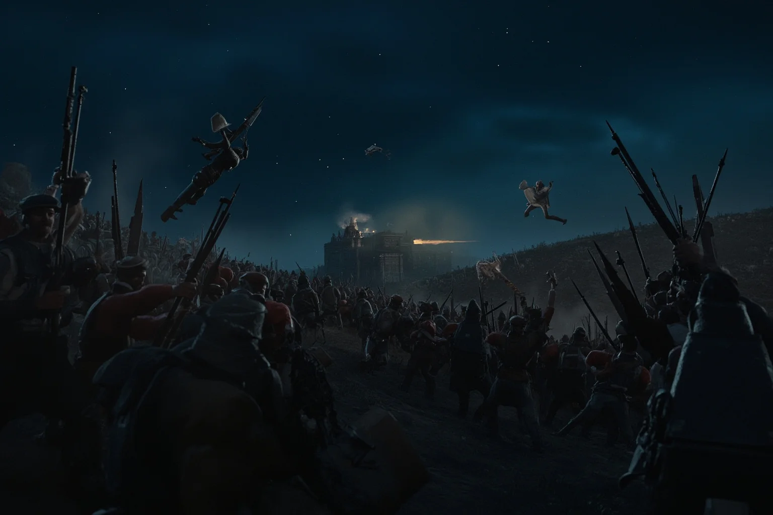 Small colonial-era garrison defending a fortified outpost at night against overwhelming attacking forces