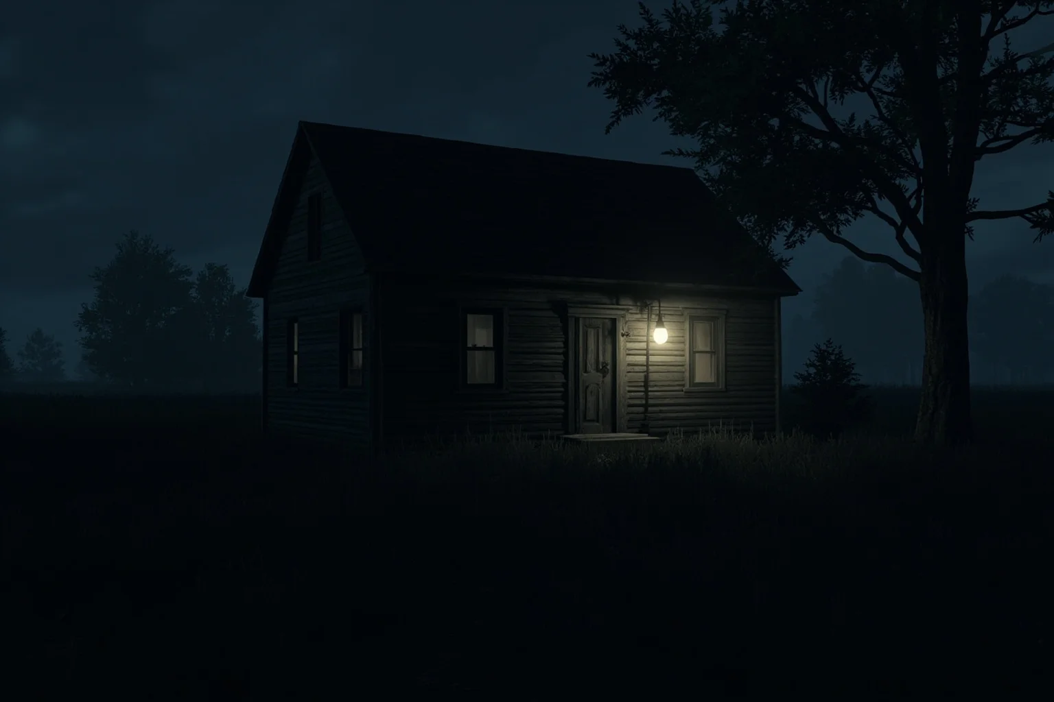 Small early-1900s Midwestern farmhouse at night with lantern light in one window, eerie quiet illustration