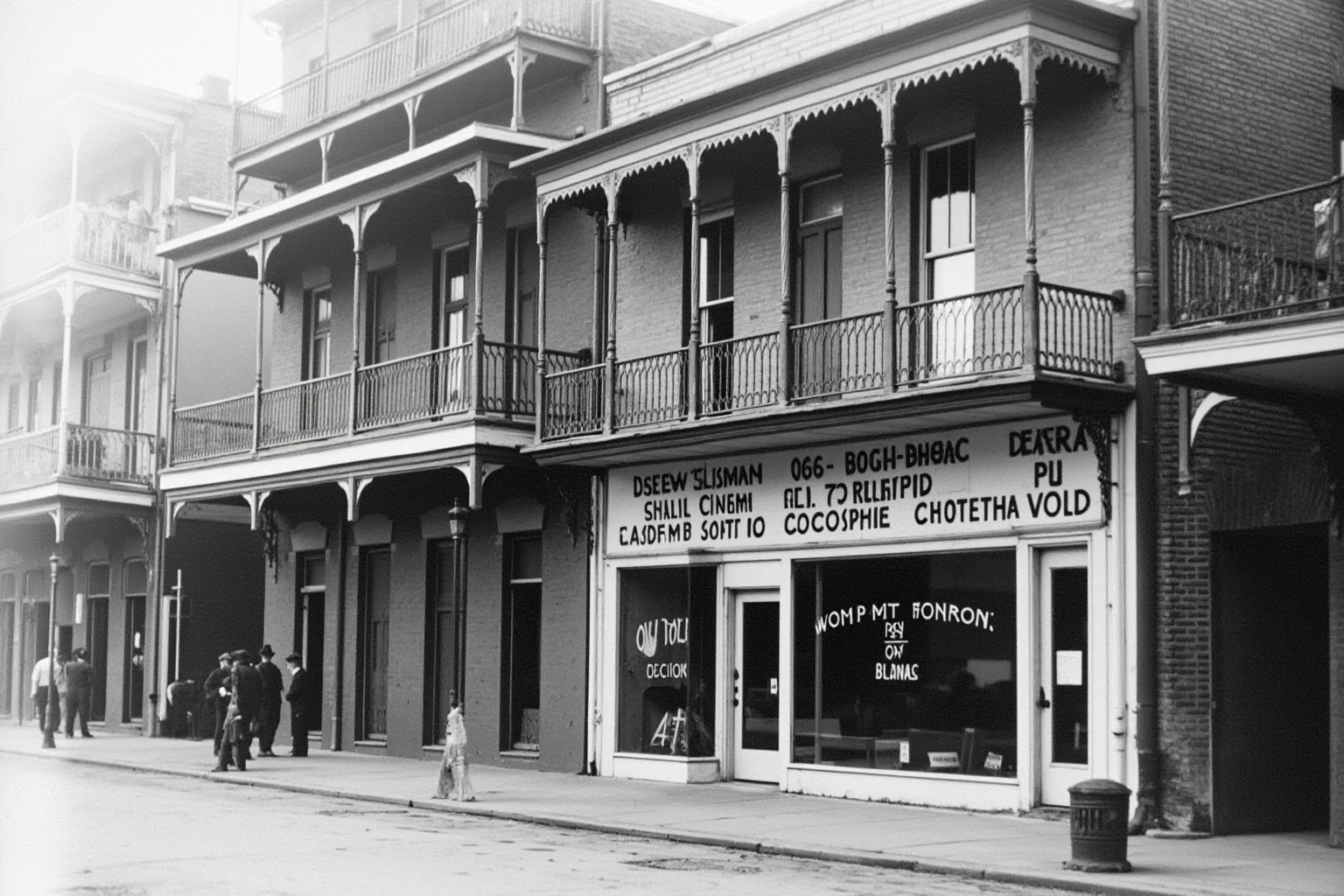 Small early cinema storefront converted into a movie theater with a hand-painted film sign, early 1900s New Orleans street