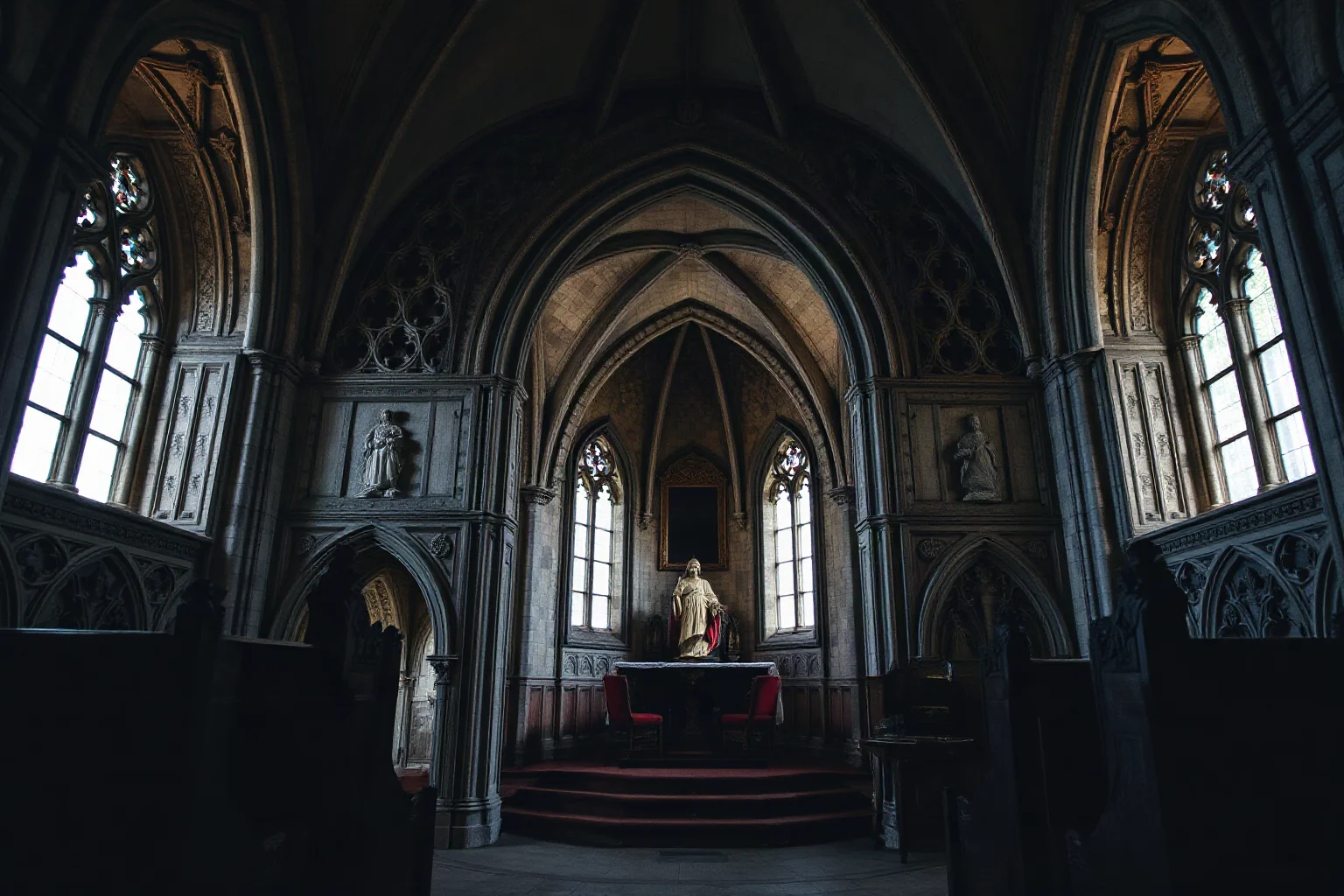 Small Gothic chapel covered floor-to-ceiling in intricate stone carvings, dim interior lighting, atmospheric close-up