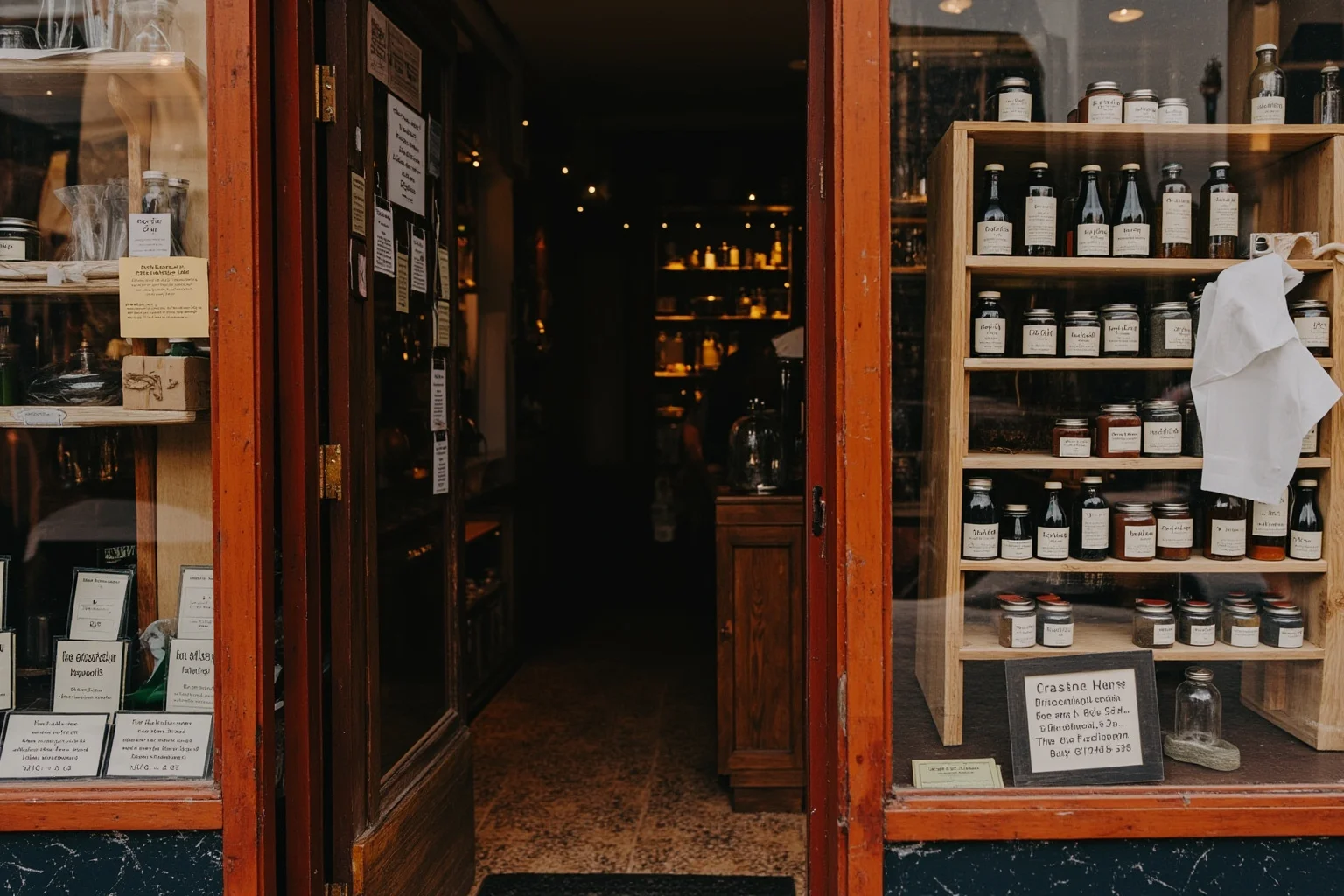 Small historic apothecary shopfront interior with wooden shelves, glass bottles, and antique herbal remedy jars