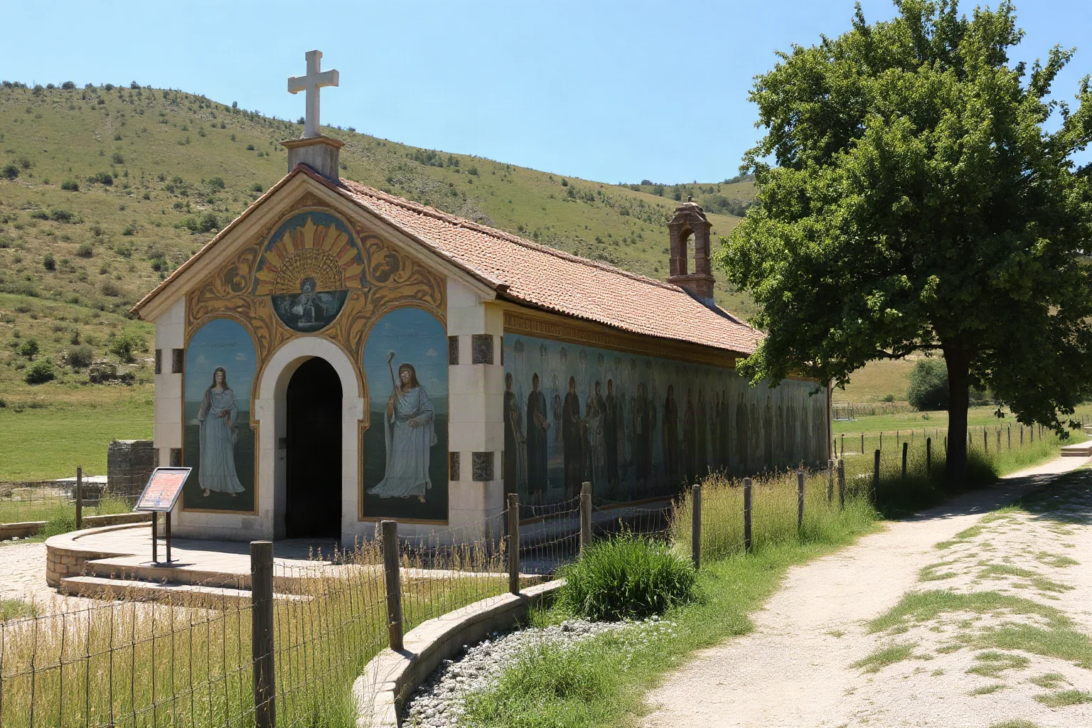 Small monastery church with exterior walls covered in vivid blue and gold biblical frescoes, rural countryside setting