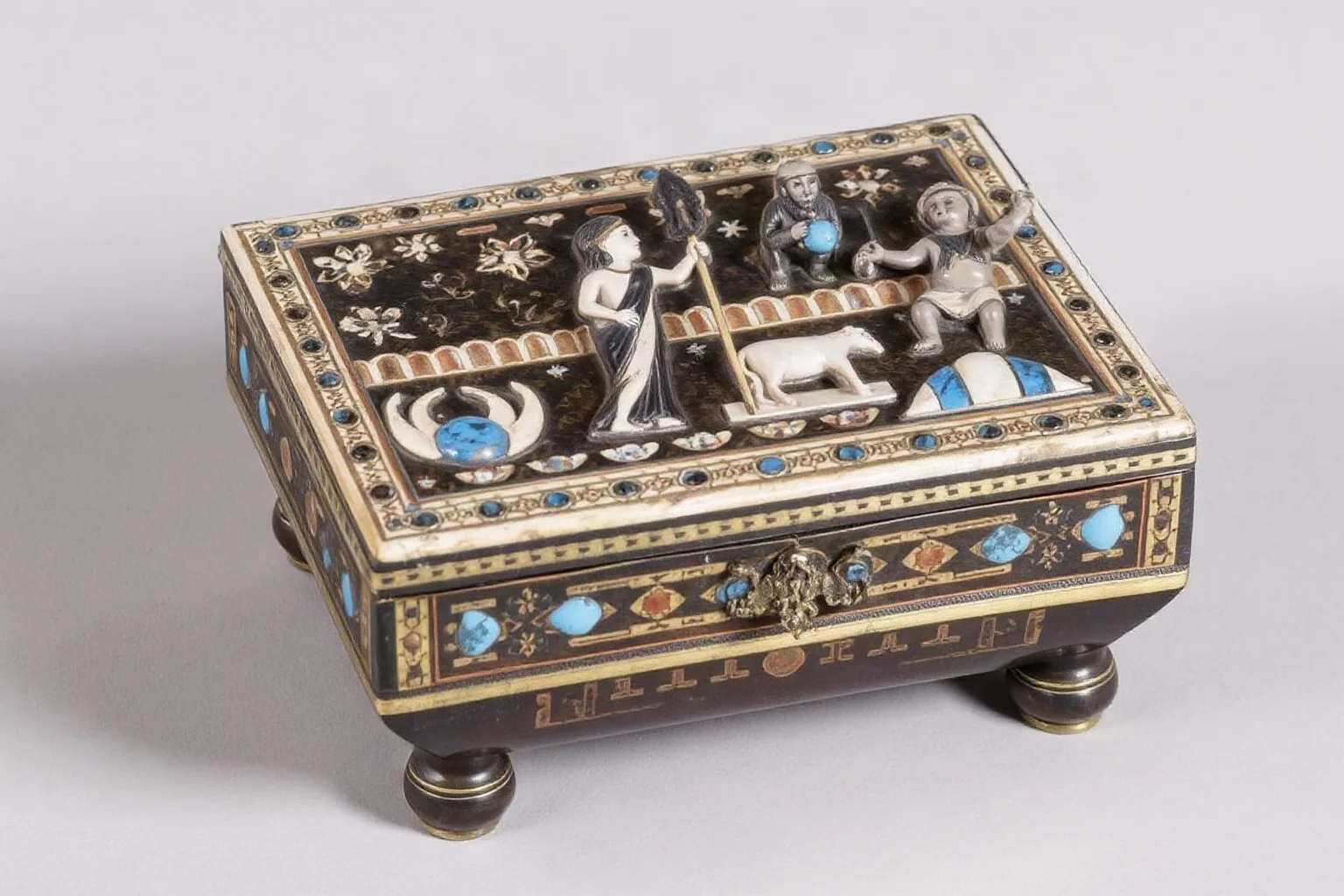 Small ornate Mesopotamian inlaid box decorated with shell and blue stone mosaic scenes