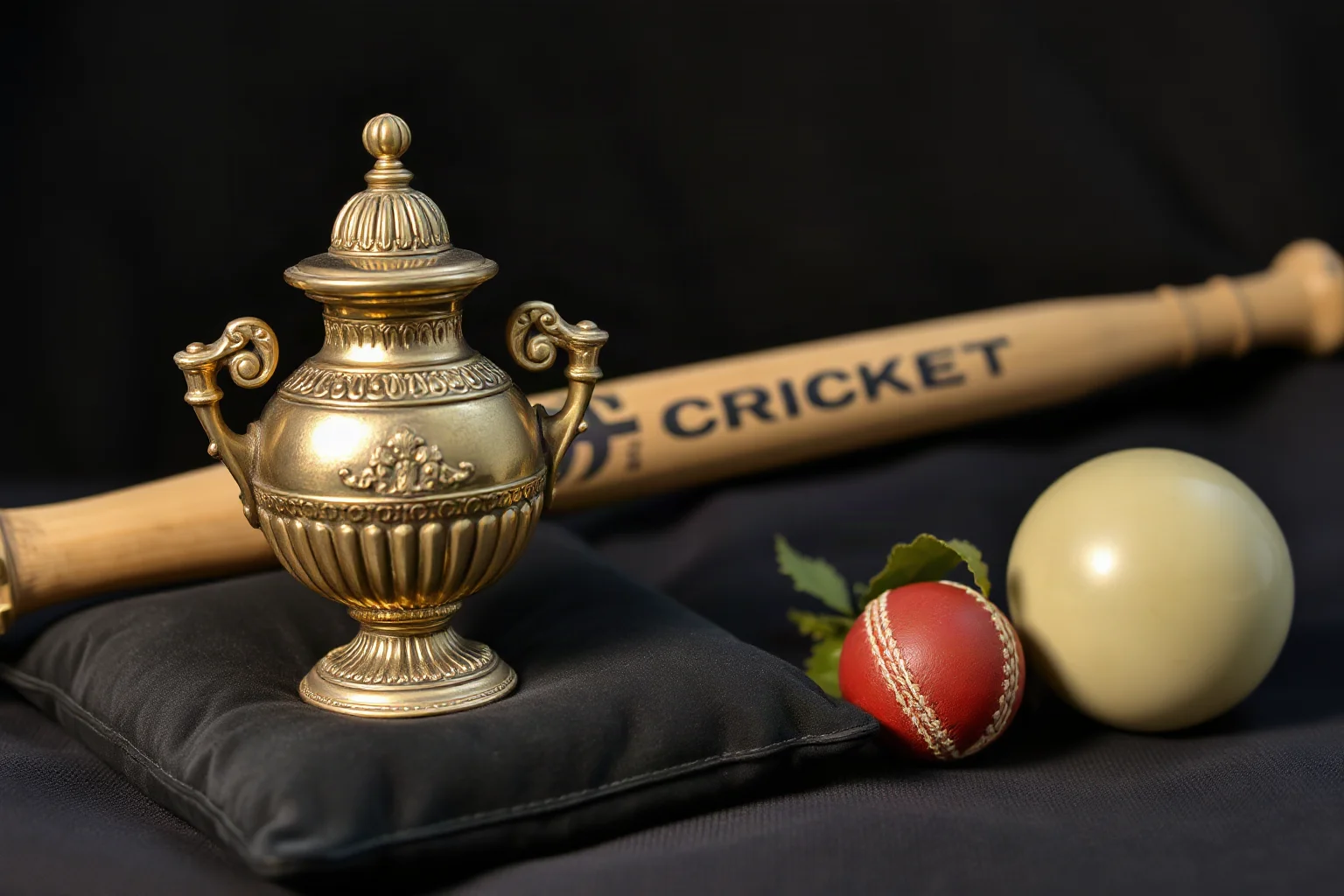 Small ornate trophy urn on a velvet cushion beside a cricket bat and ball, historical illustration style