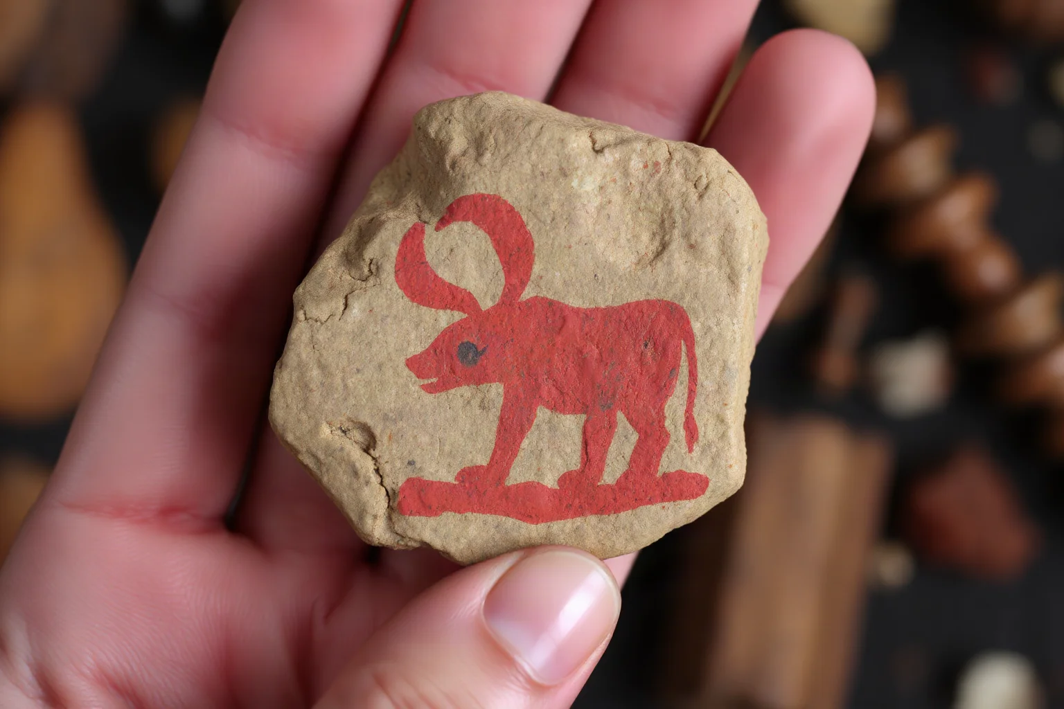 Small red-painted stone slab showing a horned animal or shamanic figure, portable ancient painted object with ochre pigment