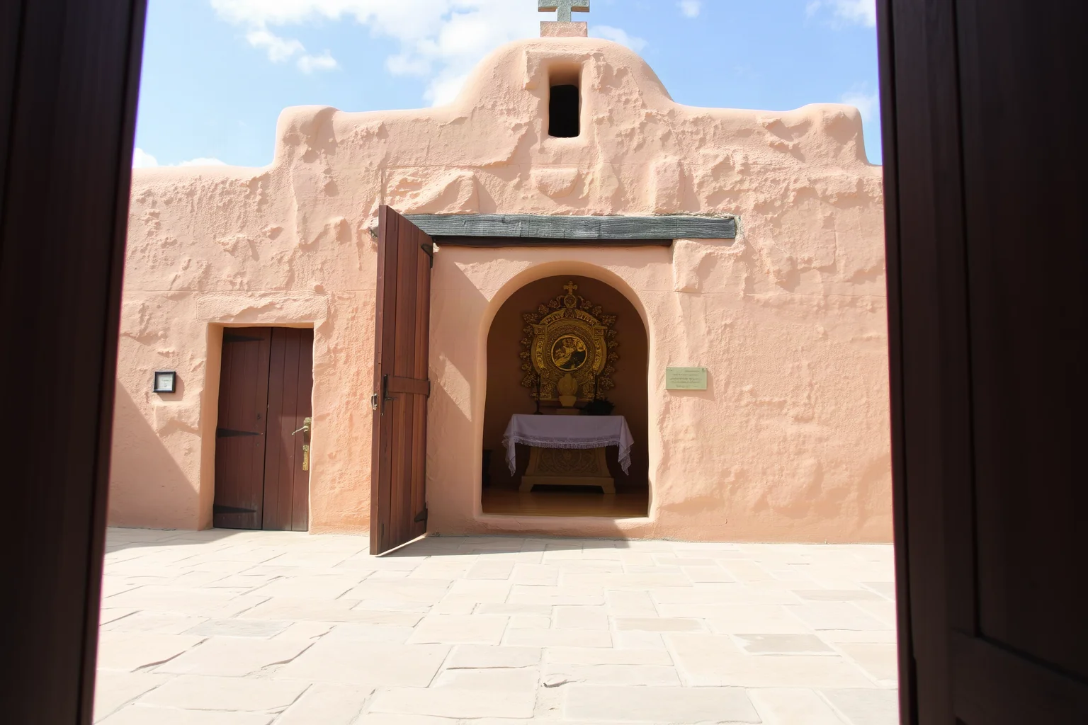 Small Spanish colonial adobe chapel with a gilded altar visible through open wooden doors