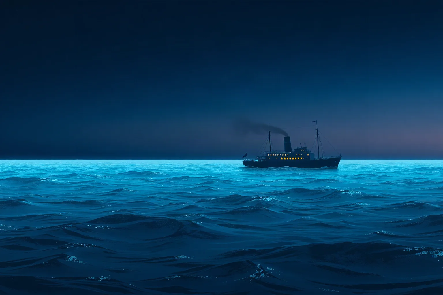 Small steamship illustrated on the horizon at night, approaching slowly across open ocean