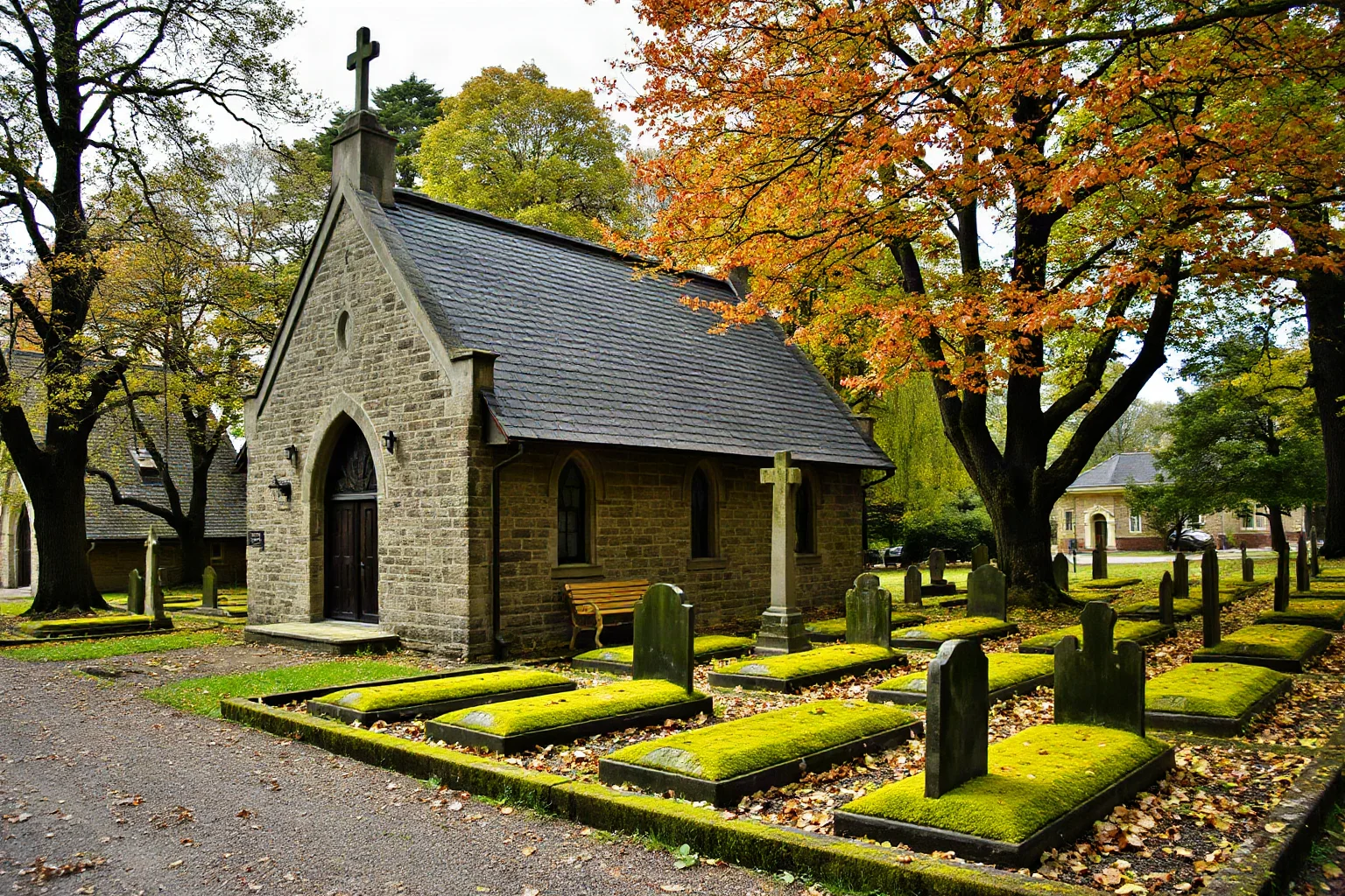 Small stone Dutch colonial church beside an old moss-covered cemetery under autumn trees