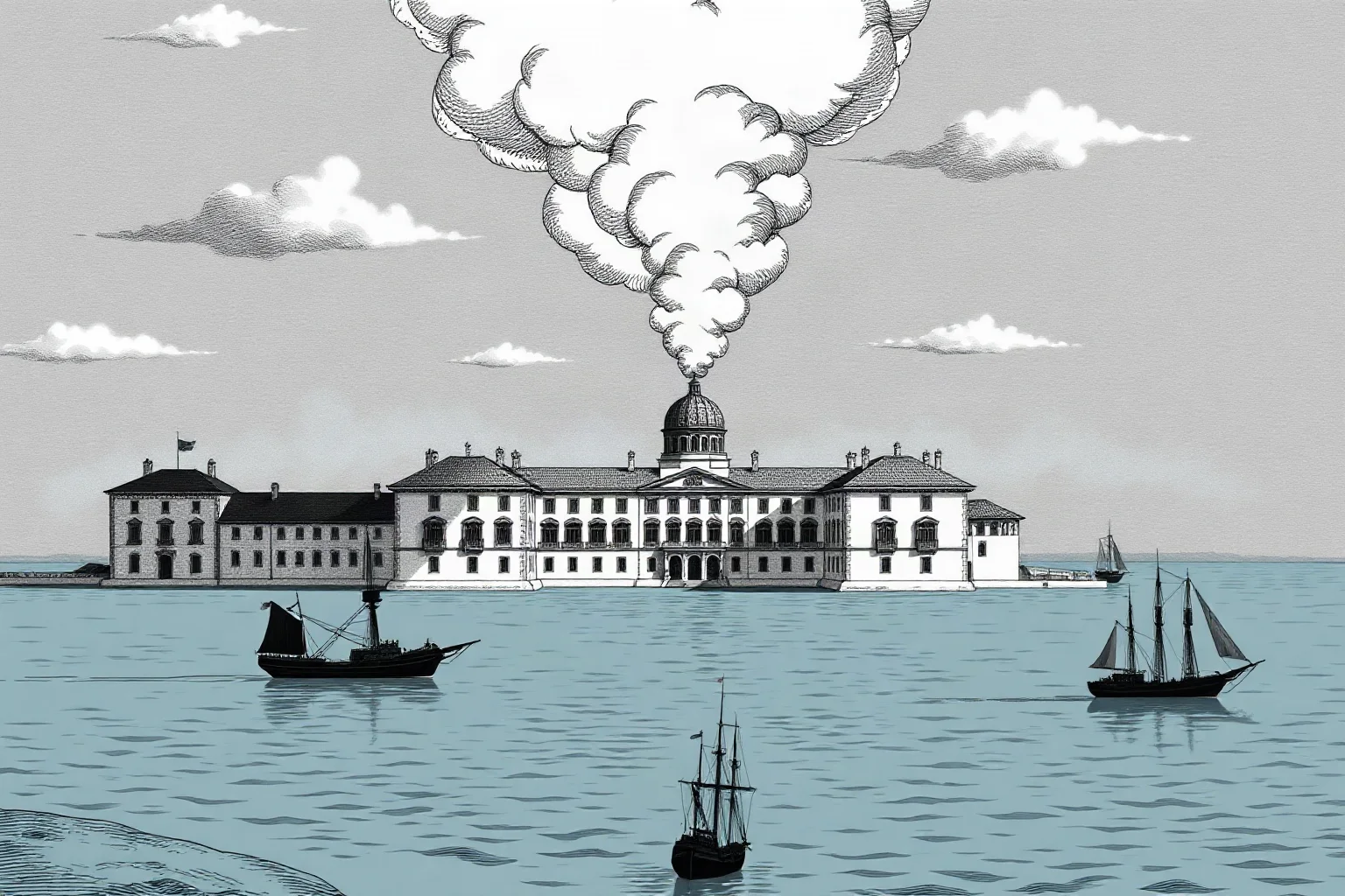 Illustration of a 19th-century coastal palace in Zanzibar with smoke rising after a naval bombardment, historical art style