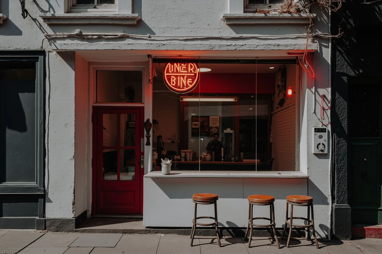 Small vintage diner storefront with a simple counter, stools, and an old neon sign, early 1900s style
