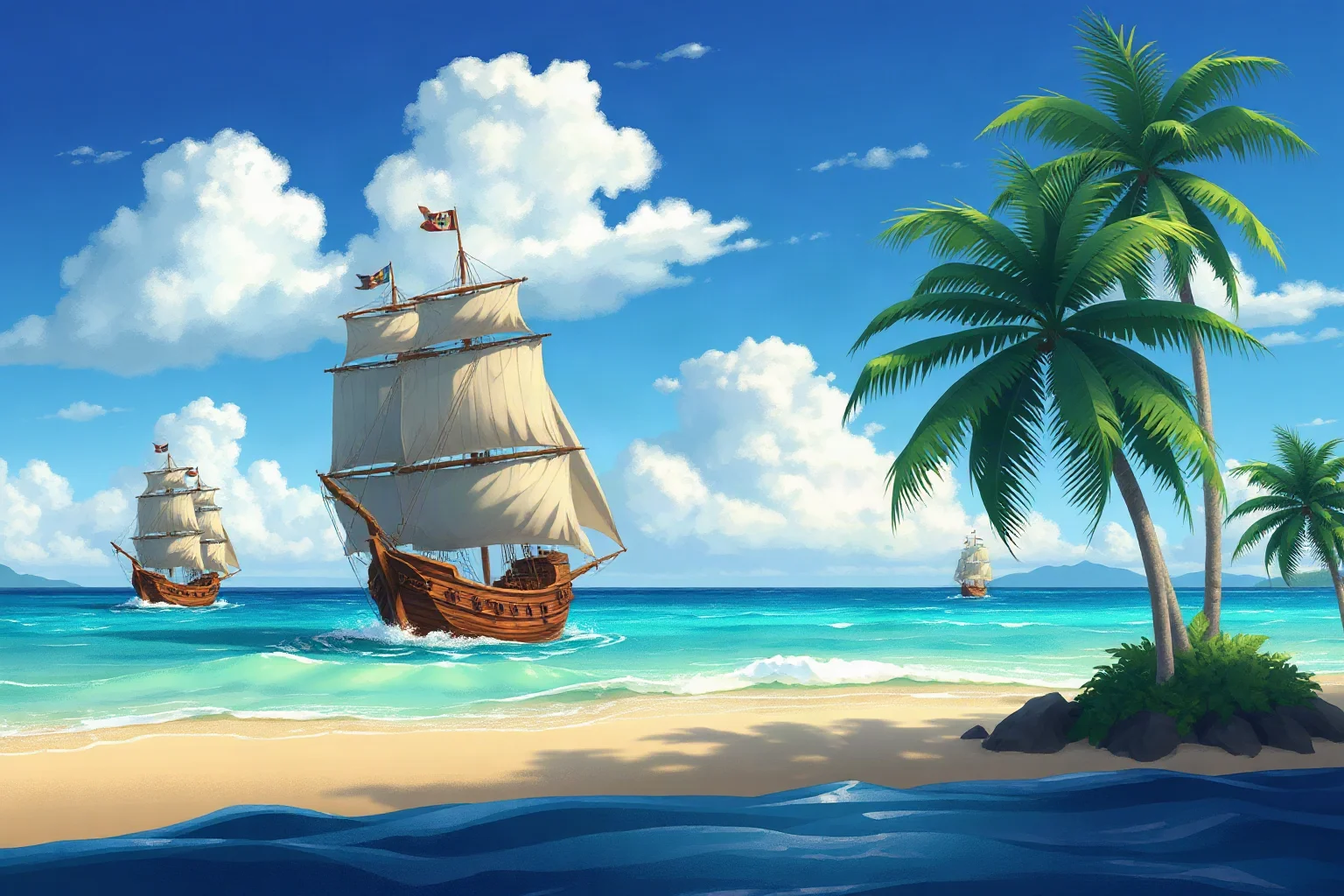 Small wooden sailing ships arriving at a tropical Caribbean shoreline, illustrated historical style