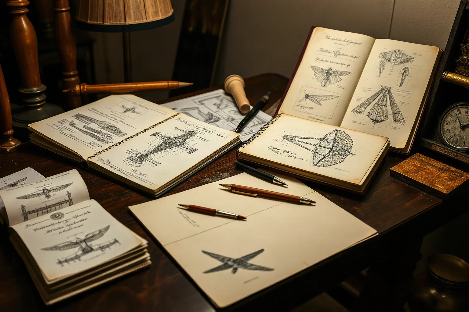 Renaissance artist's workshop with mirror-script notebooks, anatomical sketches, and engineering designs for flying machines spread across a wooden desk