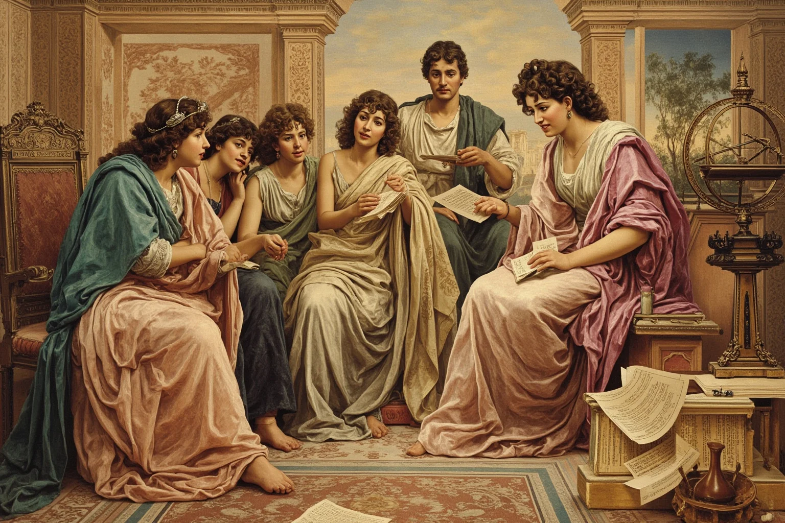 An ancient Alexandrian female philosopher in flowing robes teaching students beside scrolls and an astronomical instrument, classical Mediterranean setting, illustrative style