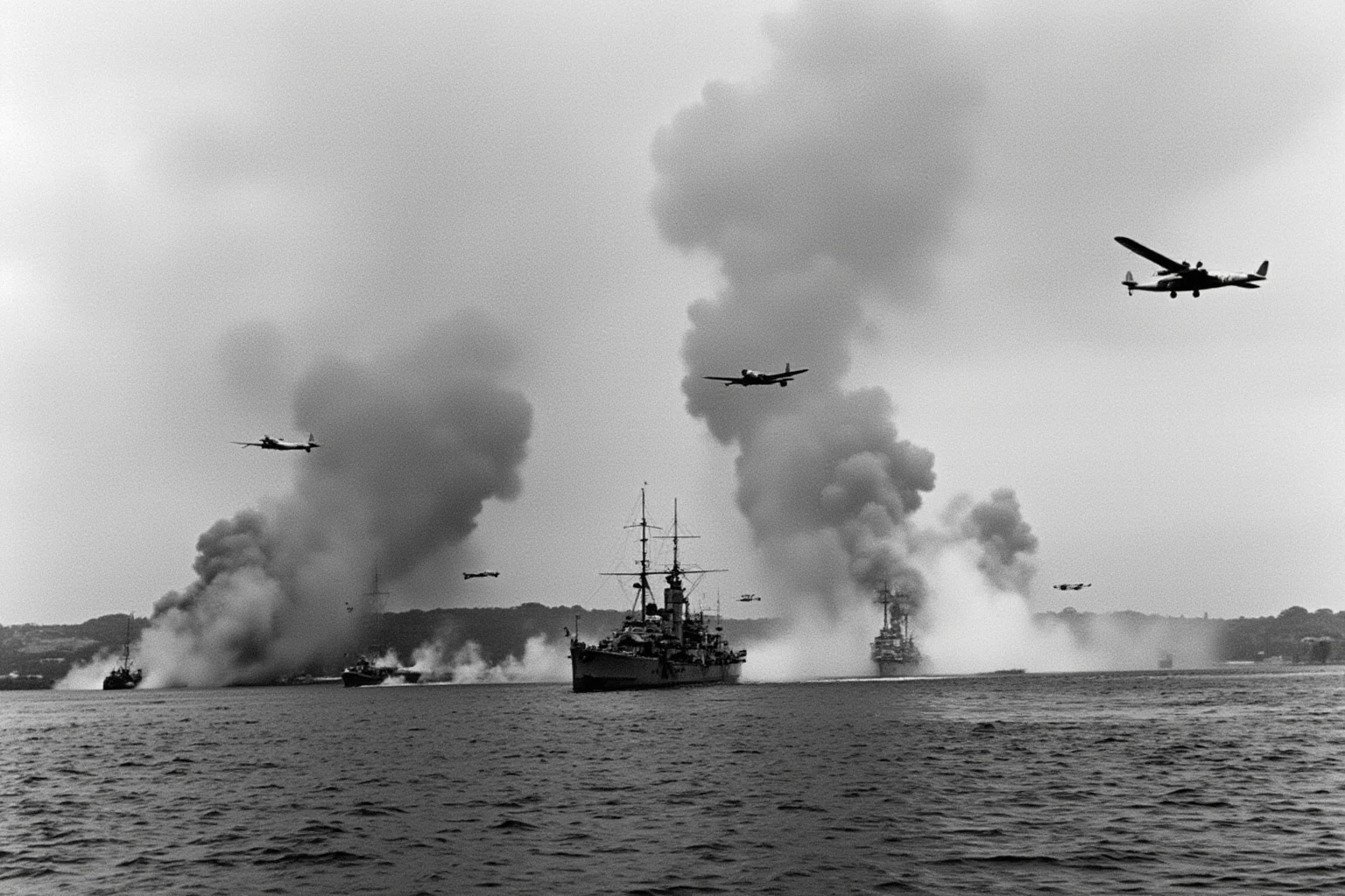Battles That Defined American History 17 Smoke rising from damaged battleships in a harbor after a surprise aerial attack, WWII era
