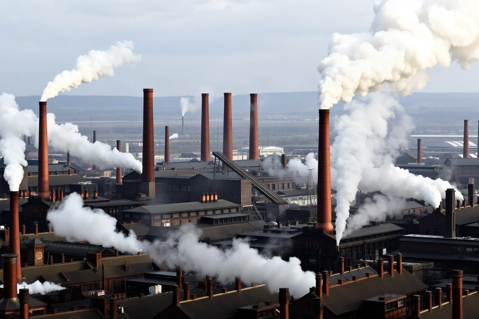 Smoking factory chimneys and steam engines in a bustling 19th-century industrial town
