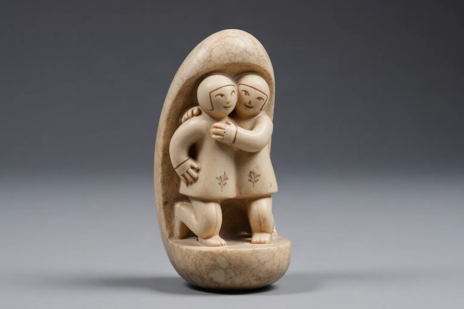Smooth palm-sized stone carving depicting two embracing abstract human figures