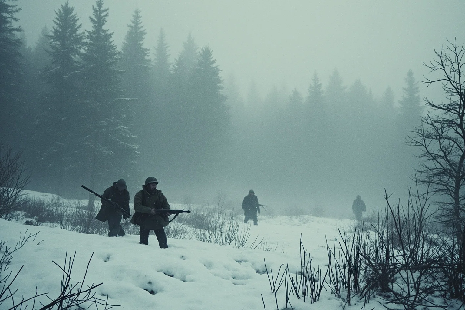 Memorable Moments Of Friendly Fire Throughout History 10 Snow-covered forest battlefield with World War II era soldiers in winter gear amid heavy fog, muted color illustration