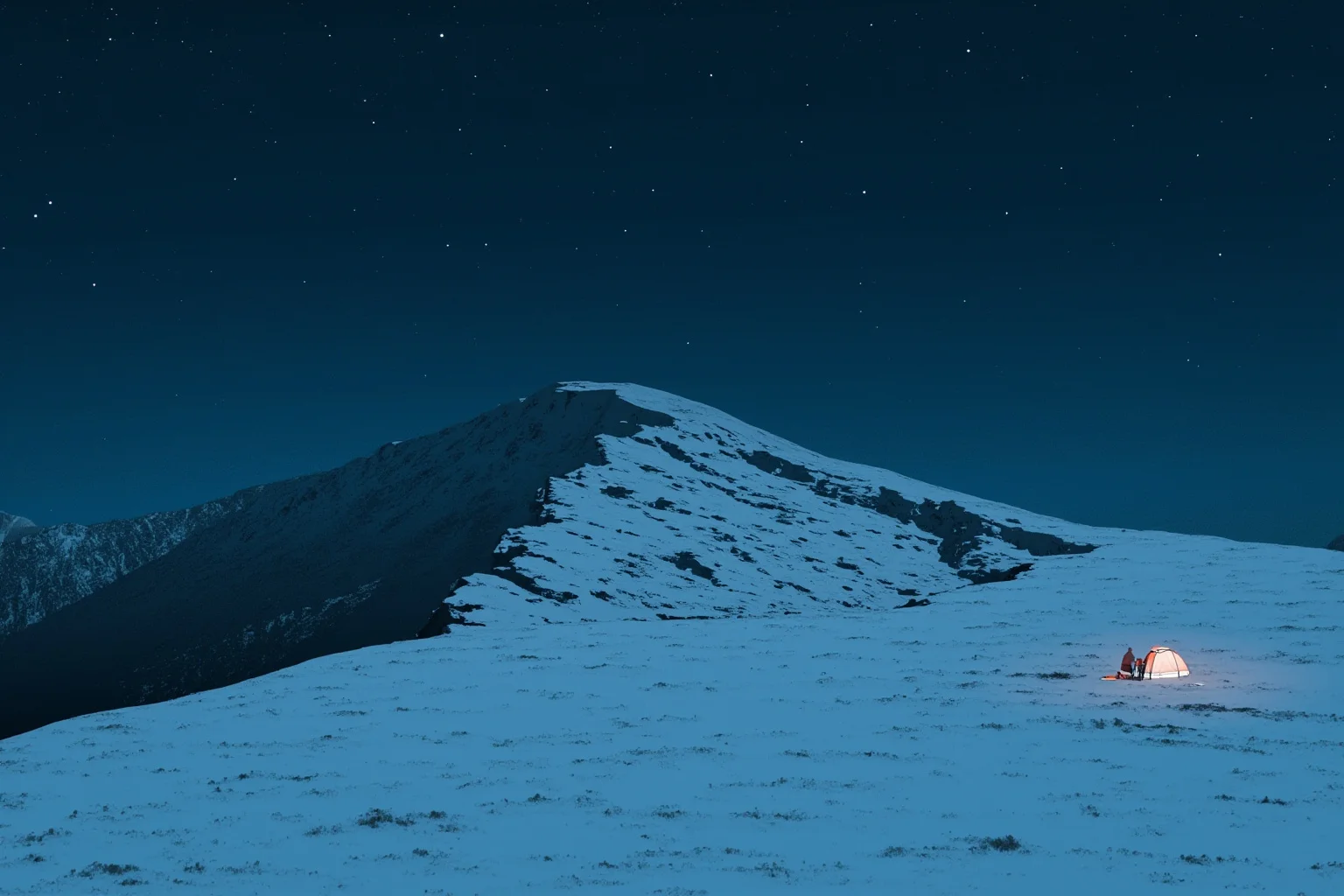 Snow-covered mountain slope at night with a lone tent and scattered gear, stark cold illustration style