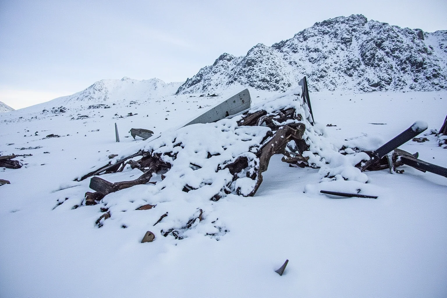 Snow-covered wreckage of a small aircraft scattered across a remote Andean mountainside