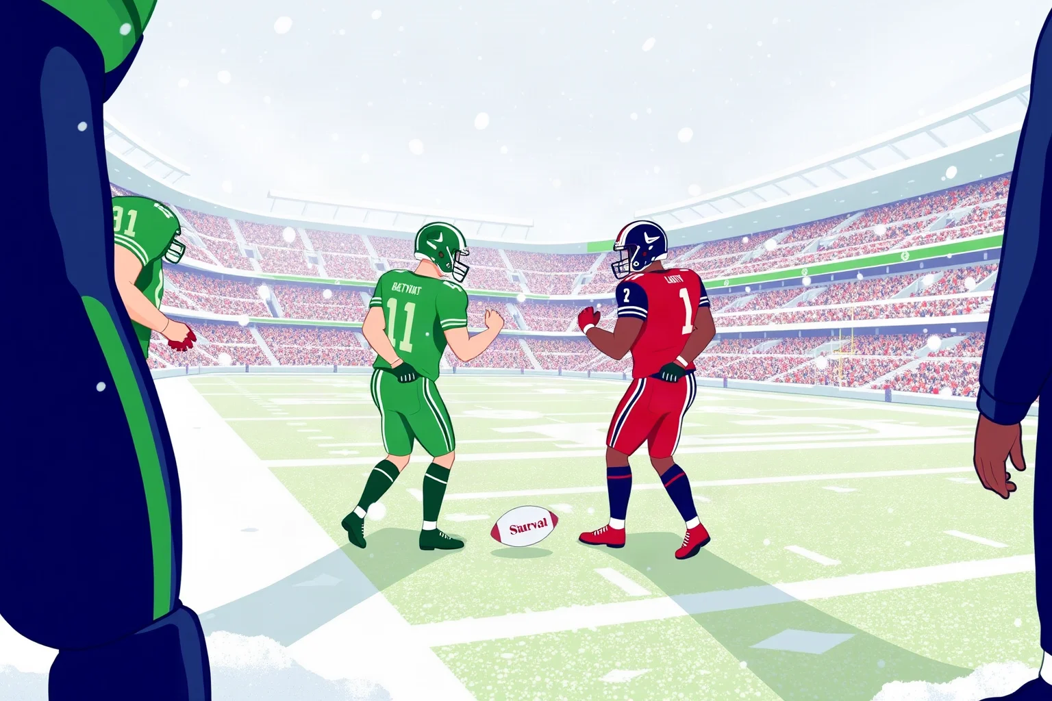 Snowy outdoor football stadium with green and navy team colors facing off, illustrative style
