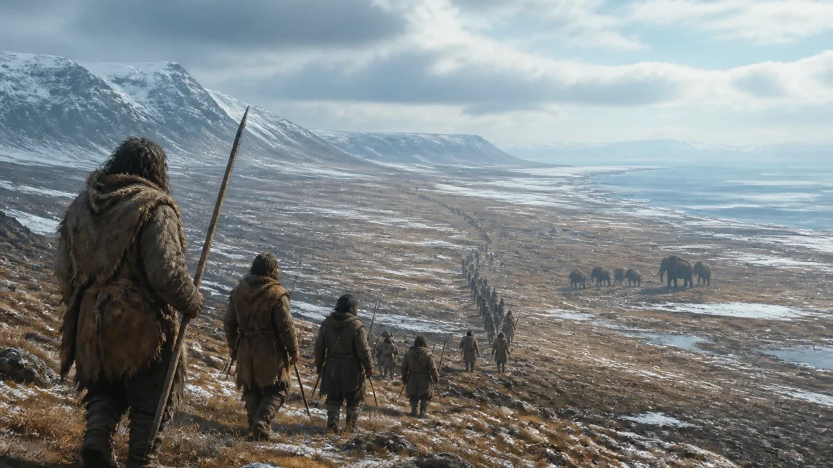 An ancient Ice Age landscape showing early human migrants crossing a wide land bridge with mammoths in the distance