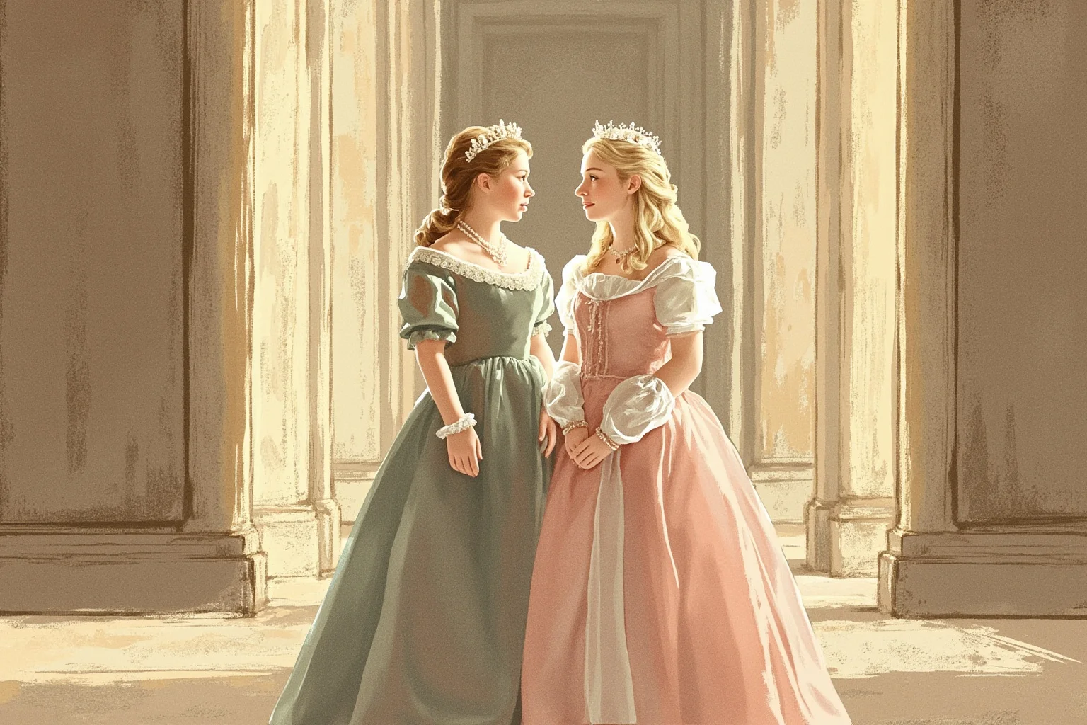 Surprising Facts About Marie Antoinette (And 10 Misconceptions) 4 Soft painterly illustration of two teenage royals in formal 18th-century court attire standing apart in a grand palace hallway