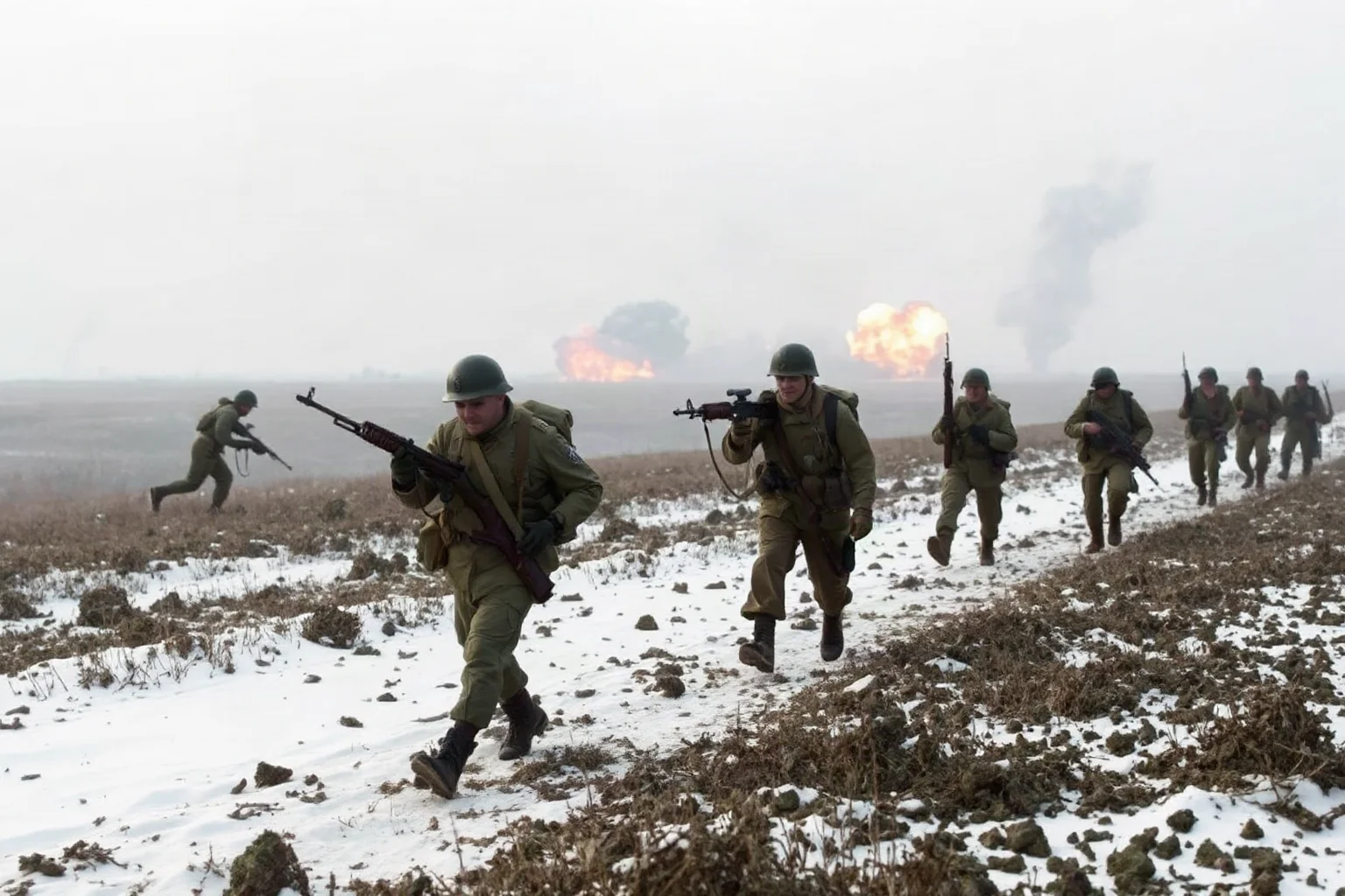 Soldiers advancing across a snowy battlefield with distant explosions, illustrating a failed WWII offensive