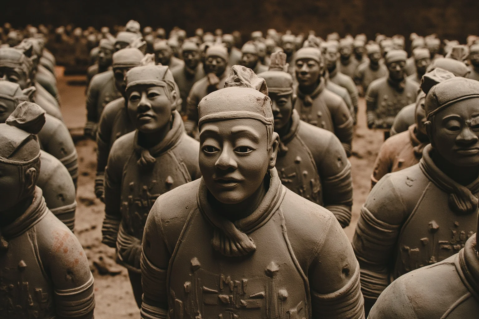 Wide shot of rows of life-sized ancient Chinese clay soldiers standing in an excavated underground pit