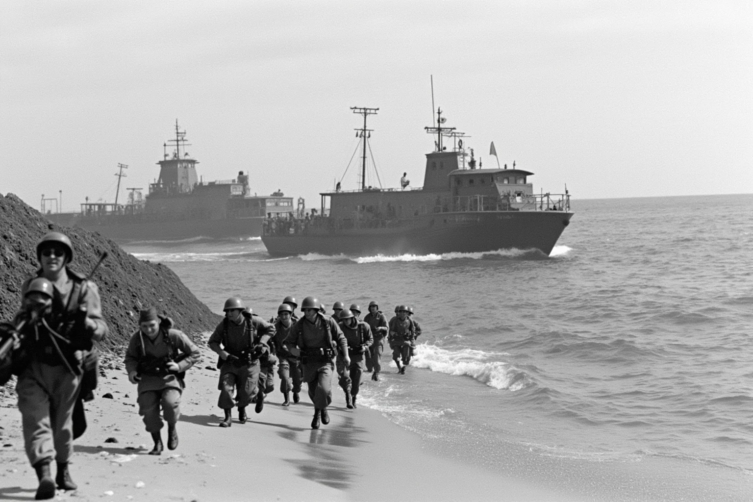Battles That Defined American History 19 Soldiers landing on a beach from landing craft under fire, WWII invasion scene