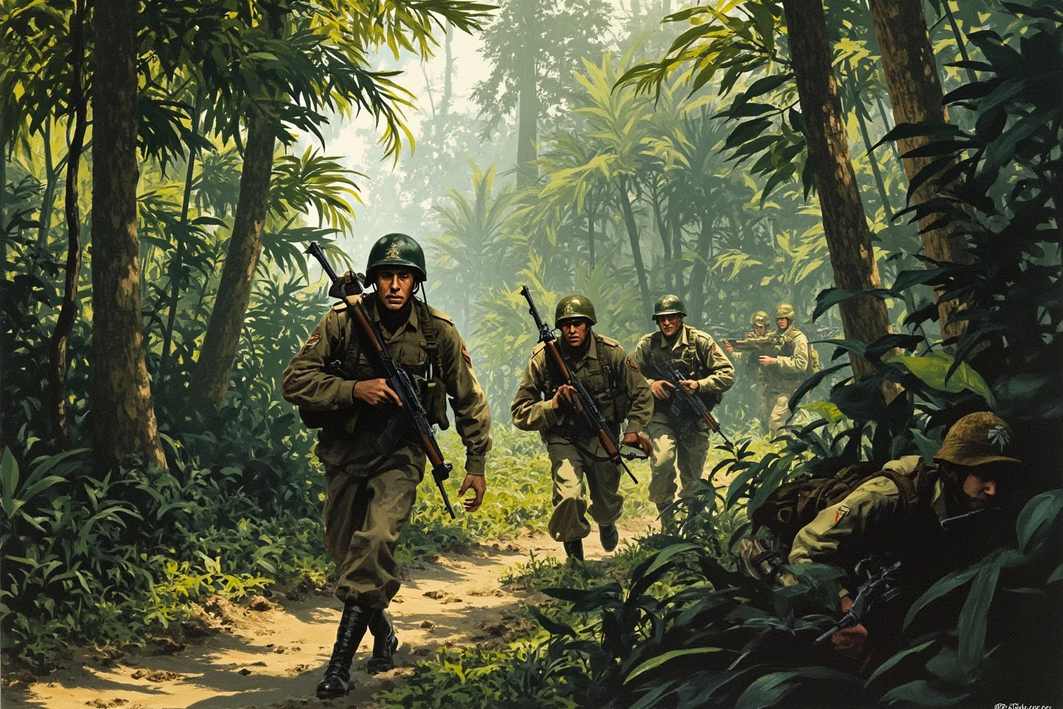 Memorable Moments Of Friendly Fire Throughout History 12 Soldiers moving cautiously through dense jungle terrain with heavy foliage, mid-20th-century military illustration style
