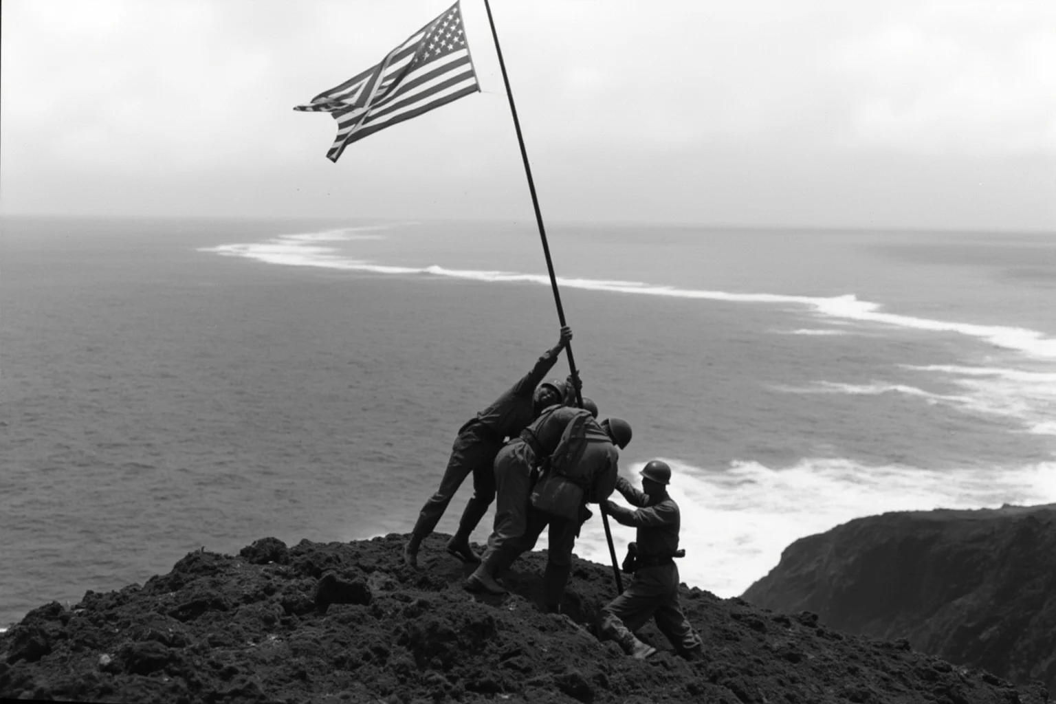 Battles That Defined American History 21 Soldiers raising a flag atop a rocky volcanic hill overlooking a battle-scarred beach, WWII