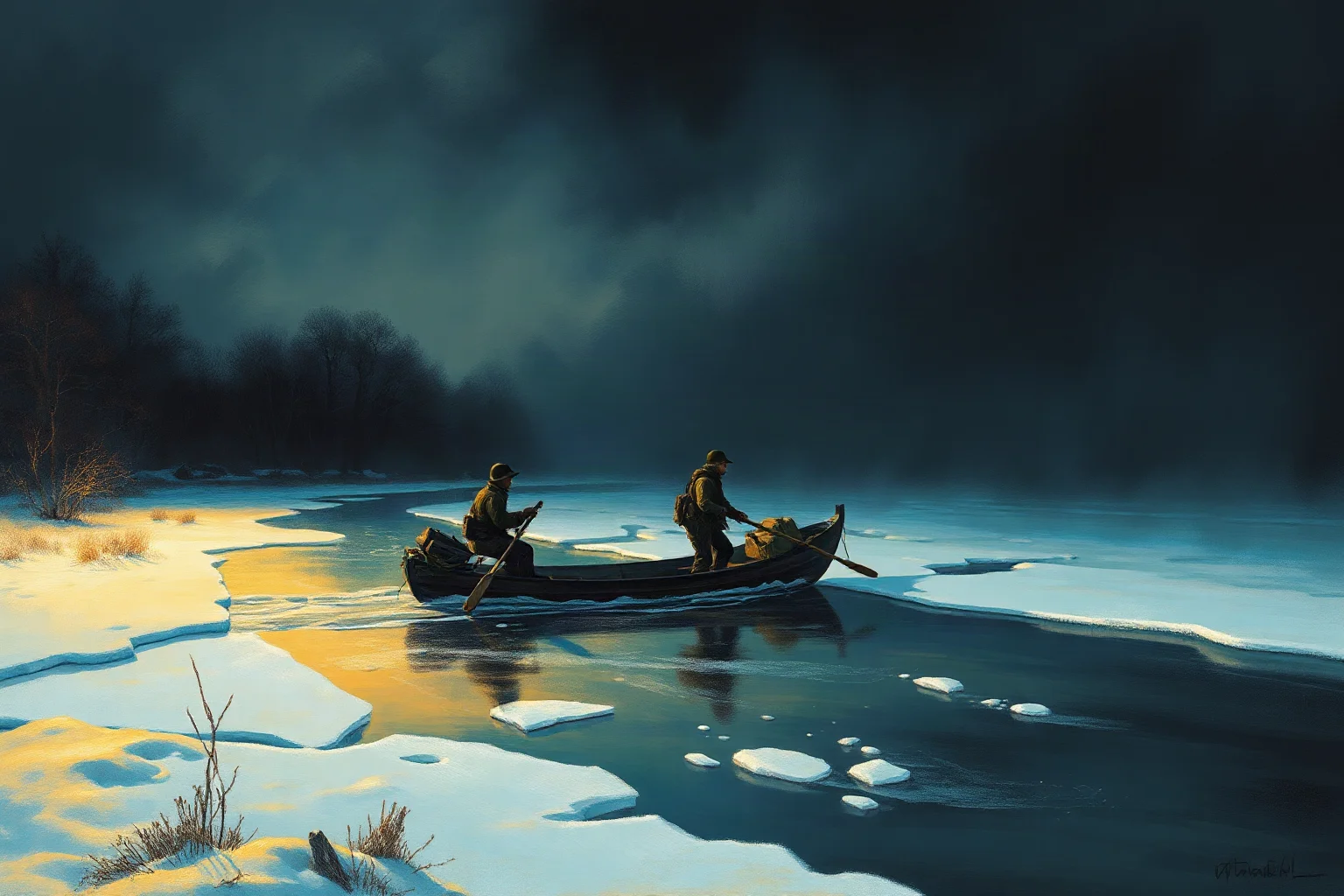Soldiers rowing a small boat across an icy river at night under a dark winter sky, dramatic historical painting style