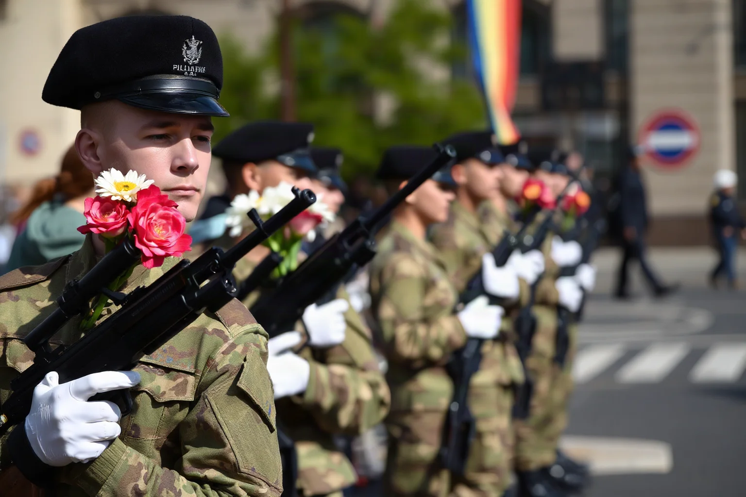 Soldiers standing calmly with flowers placed in their rifle barrels on a city street