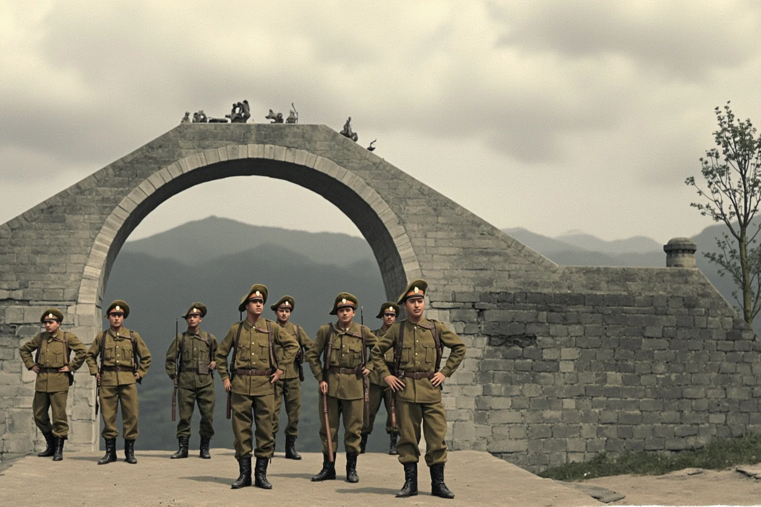False Flag Operations That Quietly Changed World History 5 Soldiers standing near a stone bridge in 1930s China under overcast skies, historical illustration style