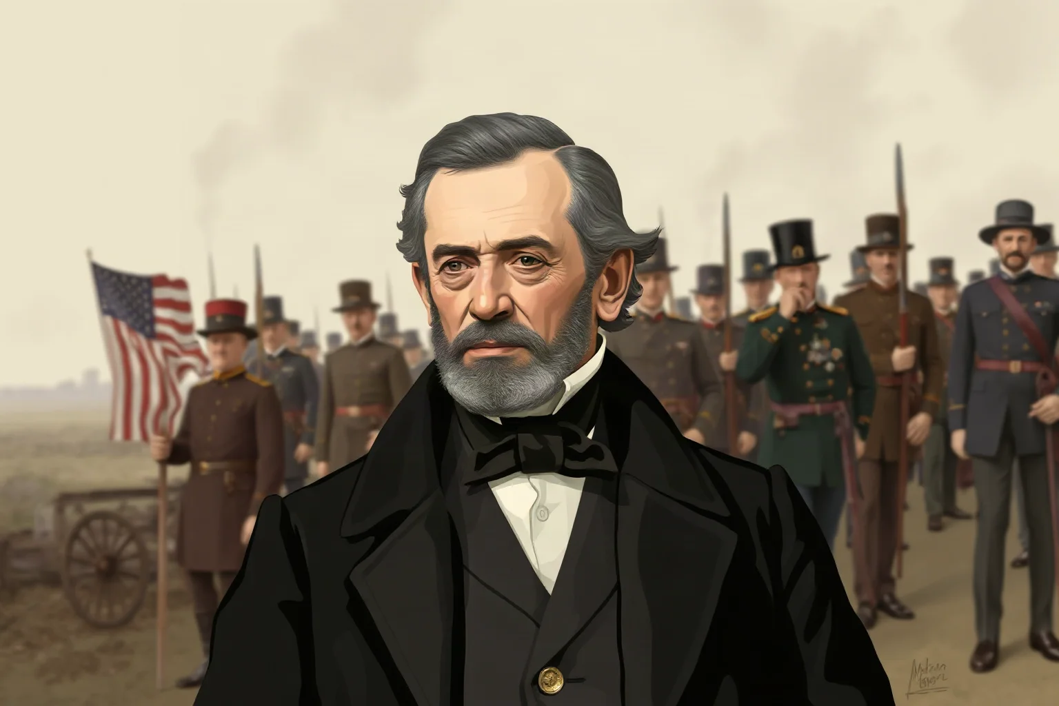 Solemn illustrated portrait of a 19th-century American president in a dark coat and stovepipe hat, Civil War era backdrop