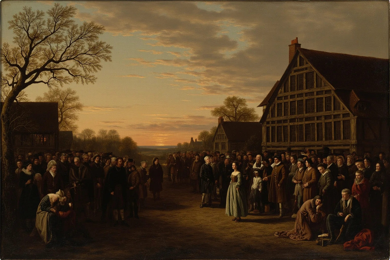 Public Executions Were Once The Most Attended Events In Town — Here's What That Says About Us 6 Somber 17th-century English village gathering at dawn, illustrative historical painting style, no graphic content