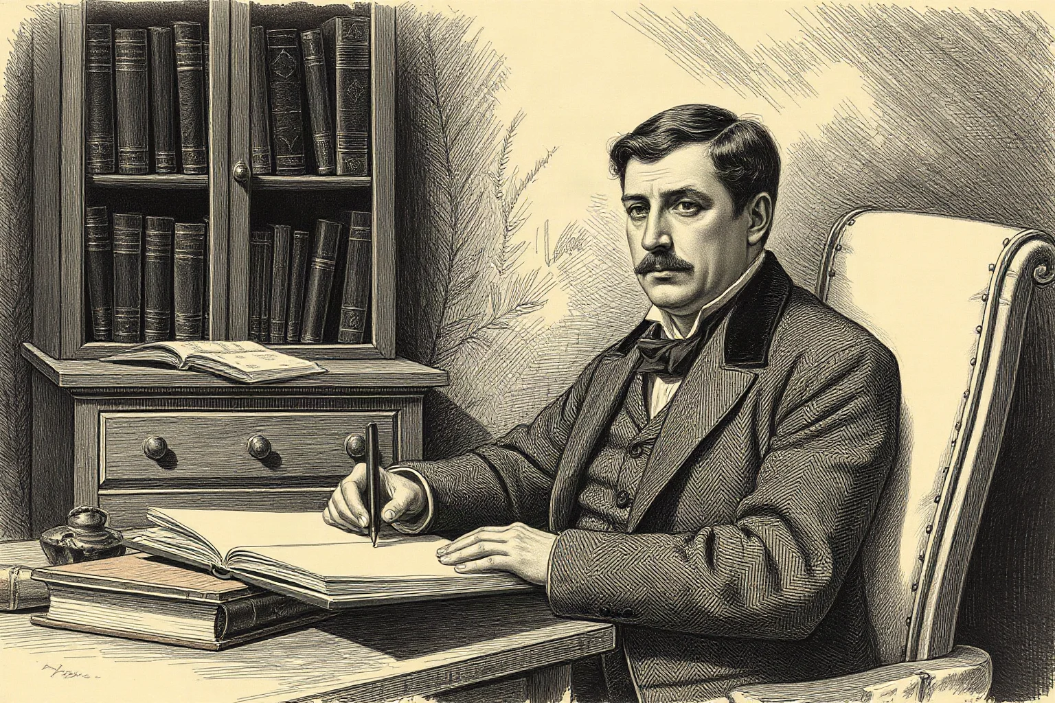 Somber 19th century Russian illustration of a writer in a study, evoking psychological depth and moral struggle