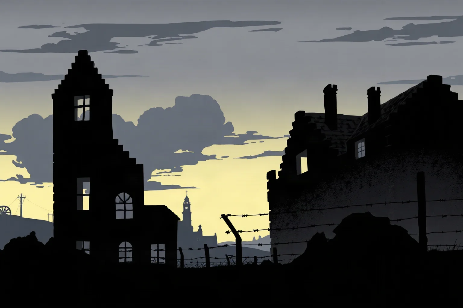 Somber black-and-white style illustration of WWII-era European ruins and a barbed-wire fence line at dawn