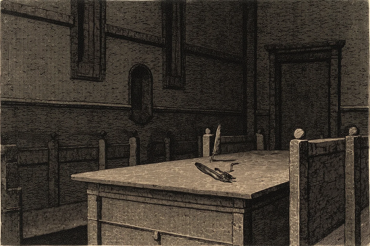 Somber colonial-era courtroom illustration with wooden benches and quill pens on a table, evoking a 1690s trial scene without depicting any specific real person