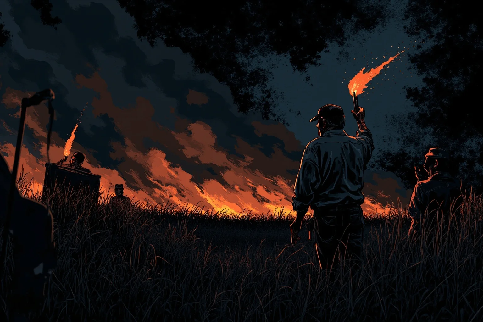 History's Greatest Rebels That Challenged the Status Quo 11 Somber illustrated scene of a rural preacher-led uprising at night in the American South, torches and shadowed fields, non-graphic