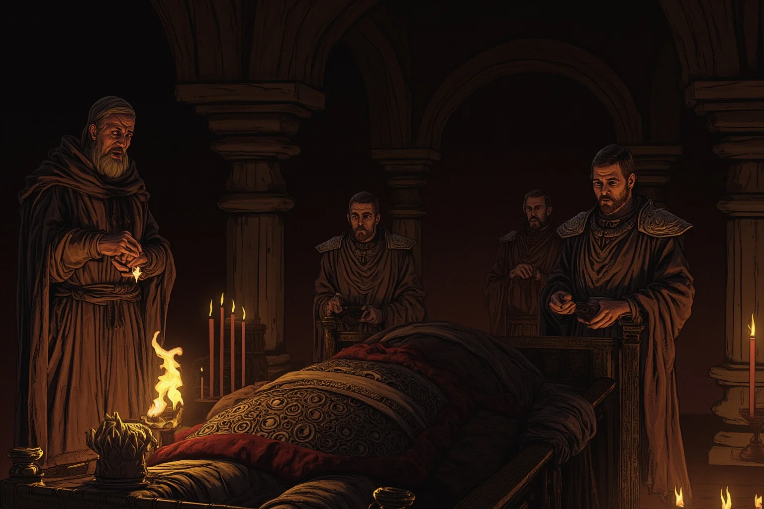 It's In The Name: Why Alexander The Great Is Considered History's Greatest General 20 Somber illustrated scene of an ancient royal deathbed chamber with mourning attendants and flickering oil lamps