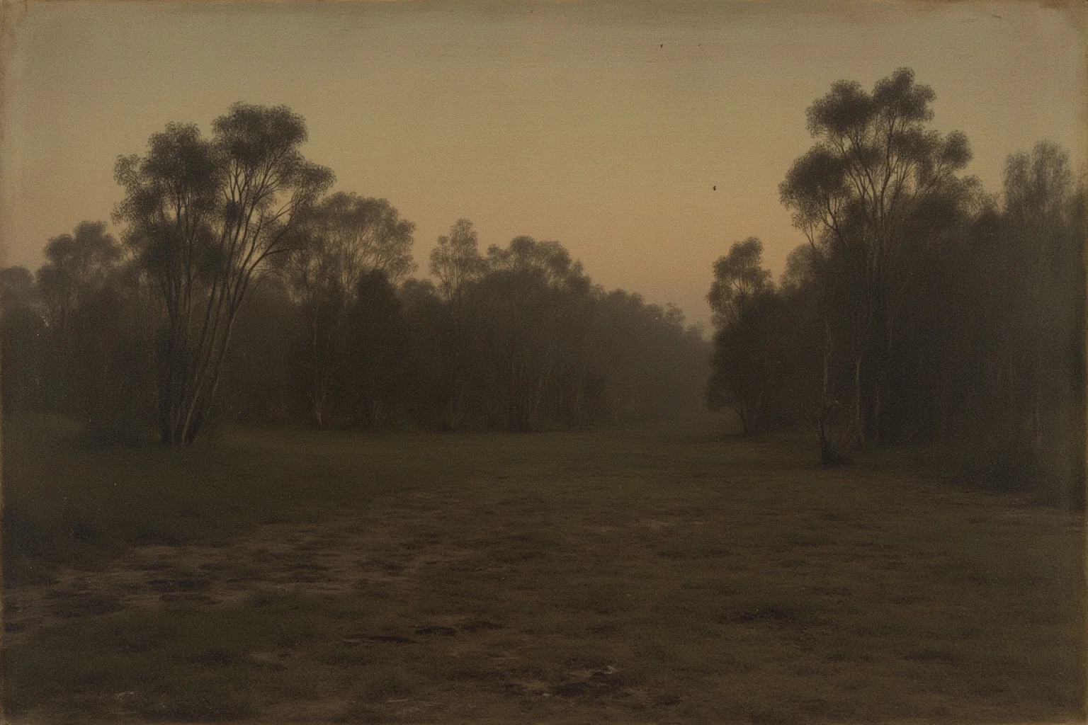 Somber illustration of a 19th-century Australian bush landscape at dusk, empty clearing, muted colors