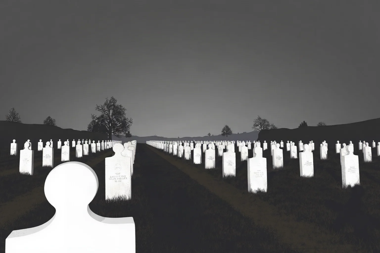 Somber illustration of a Civil War-era cemetery with rows of white grave markers stretching into the distance under a muted sky