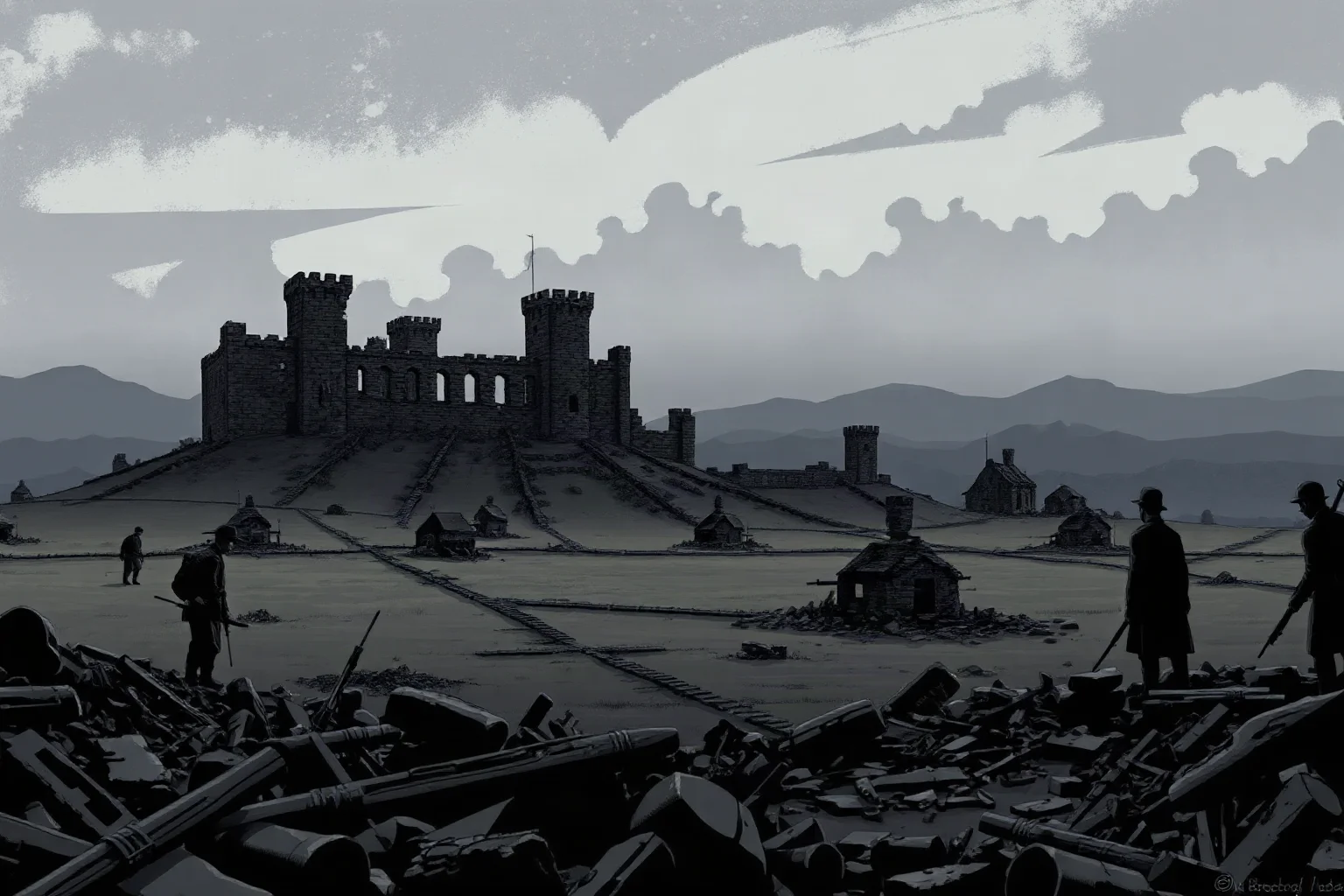 Somber illustration of a ruined fortress town and shattered landscape representing a long WWI siege battle