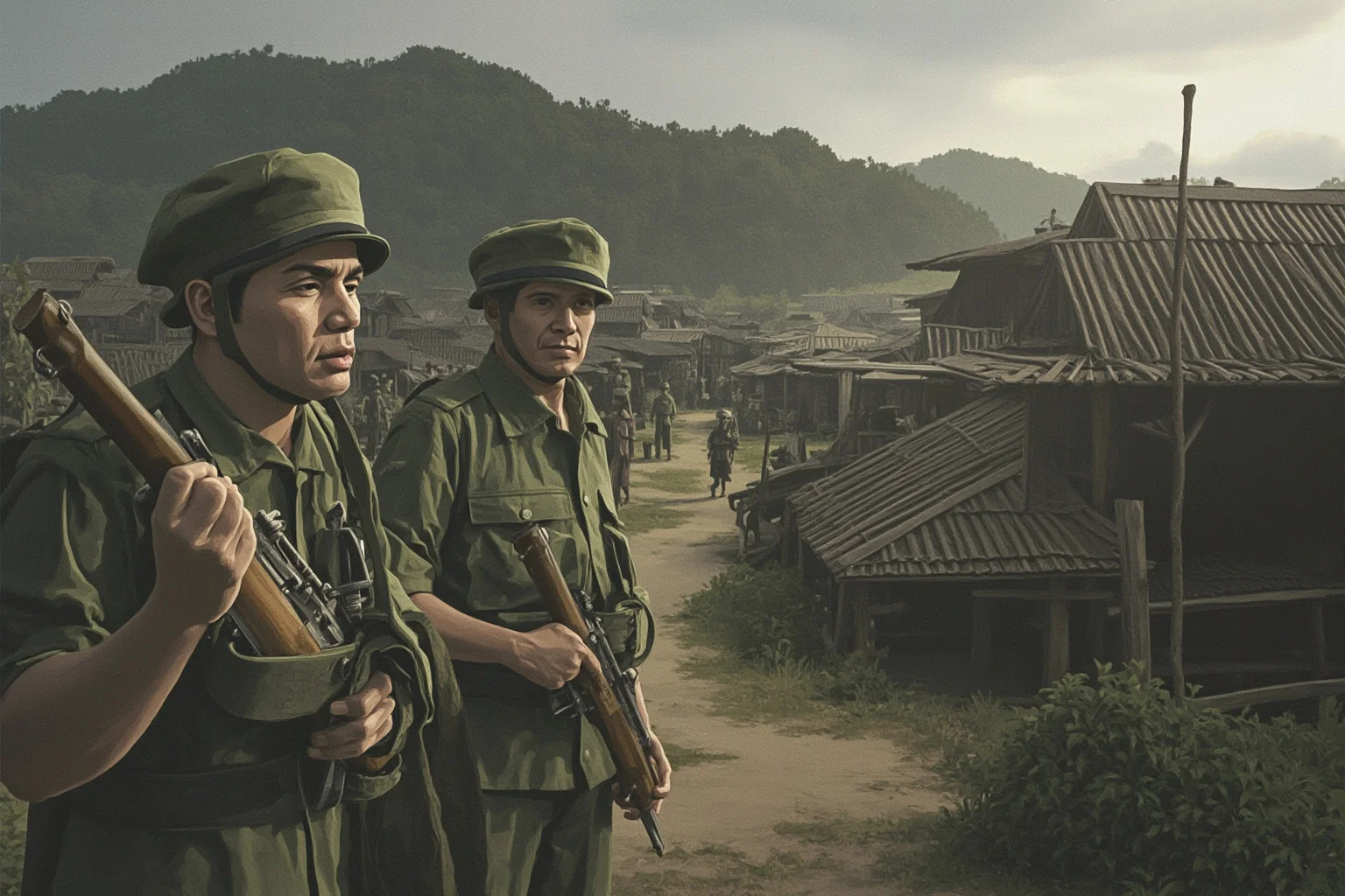 Somber illustration of a rural Vietnamese hamlet with soldiers and villagers, muted colors