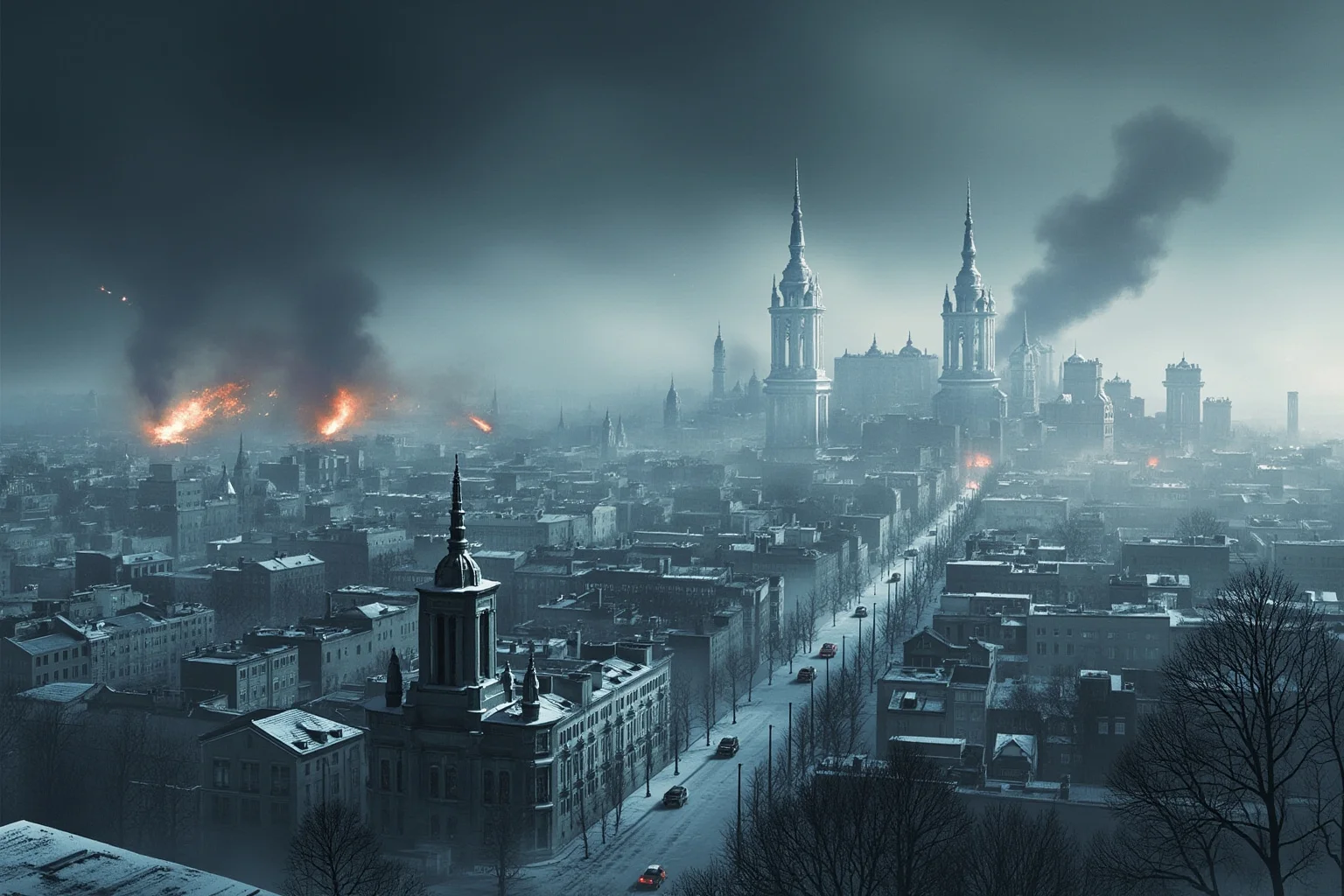 Somber illustration of a snow-covered besieged city skyline with distant artillery flashes, evoking a WW2 winter siege