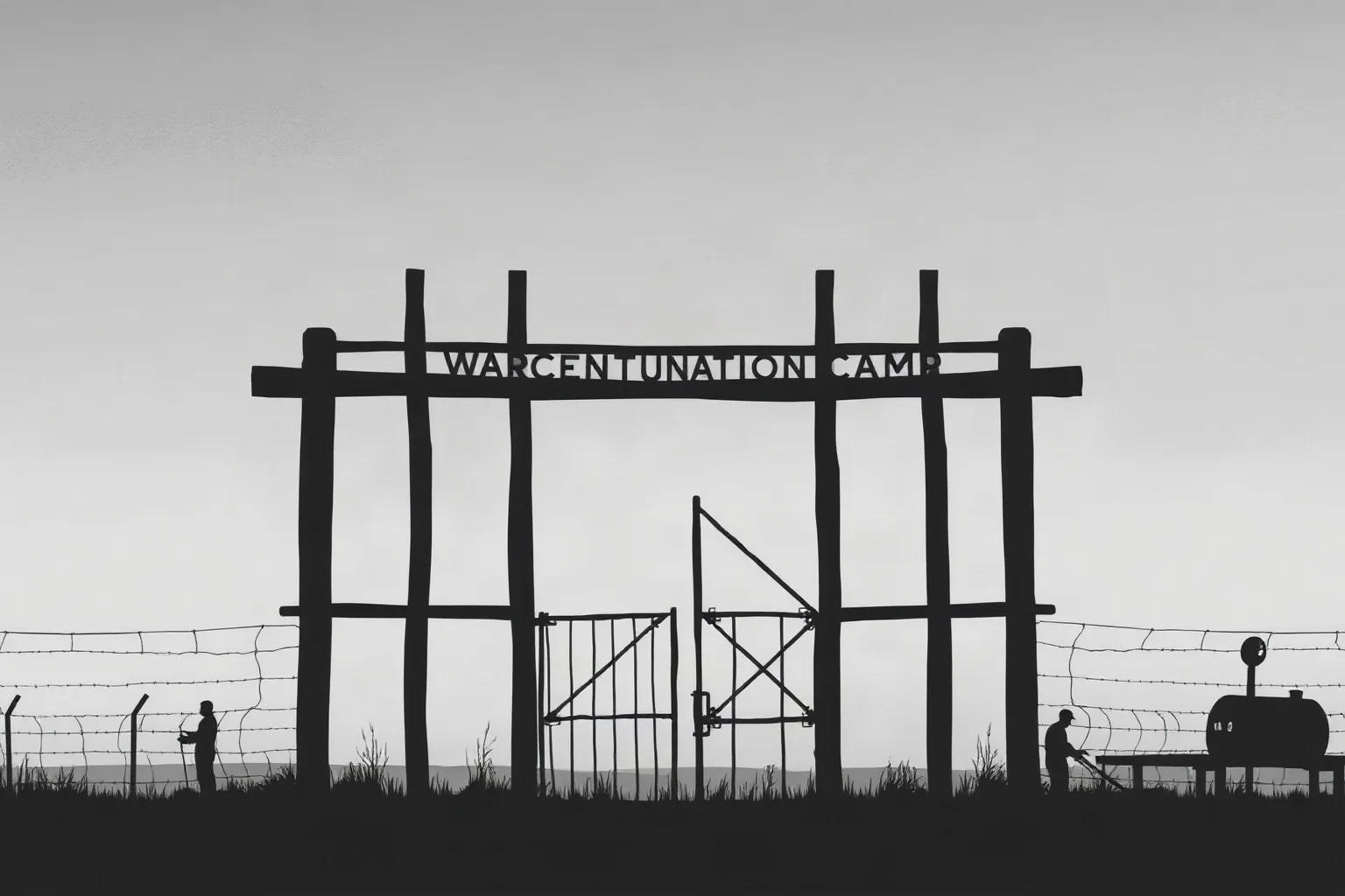 Somber illustration of a World War II-era concentration camp gate under grey skies, no visible people