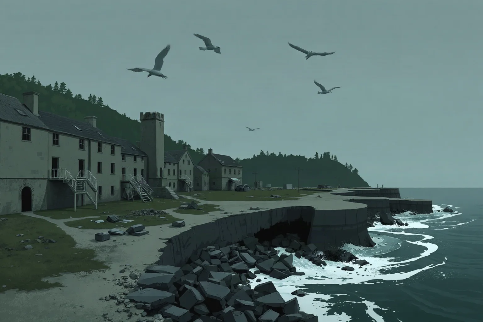Somber illustration of an abandoned coastal village with faded, muted colors suggesting disease and loss